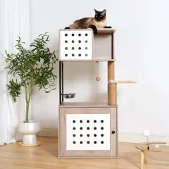 SEVOBAL Pet Tower All-in-One Cat Tree with Litter Box Enclosure, Featuring Hammock, Bed, Food Station, Scratching Posts, Beige, 25.59"*20.08"*7.68"