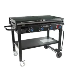 Razor Griddle 37 Inch Outdoor Steel 4 Burner Propane Gas Grill Griddle with Wheels and Top Cover Lid Folding Shelves for Home BBQ Cooking, Black