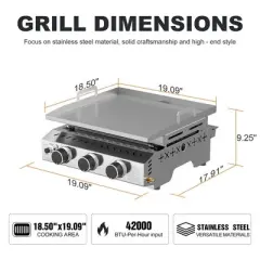 RW FLAME 3-Burner Portable Propane Griddle, 25" 304 Stainless Steel Tabletop Gas Grill, 24,000 BTU for Camping, RVs, Outdoor BBQ