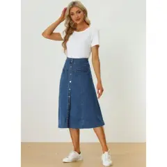 Allegra K Womens' Stretchy High Waist Buttons Front A-Line Flowy Midi Skirts with Pocket