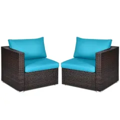 Tangkula 2PCS Rattan Corner Sofa Set Patio Outdoor Furniture Set w/ 4 Blue Cushions