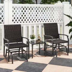 Costway 3 PCS Patio Gliding Set with Tempered Glass Coffee Table Quick Dry Foam Wicker All Weather