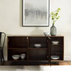 Shing Modern Striped Door 60" Sideboard with Glass Shelves Dark Walnut - Saracina Home
