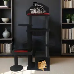 JUJABU Black Cat Tree with Thickened Soft Bed, Multiple Scratching Posts & Sisal Ladder for Large Cats - Halloween Decor