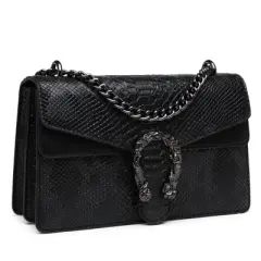 Crossbody Bags for Women - Snake Printed Clutch Purses Leather Shoulder Bags Chain Strap Evening Handbags Black