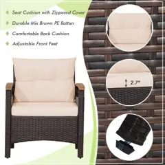 Tangkula Set of 3 Outdoor Rattan Sofa Set with Coffee Table Patio Conversation Set with Removable Cushion Cozy Acacia Wood Armrests