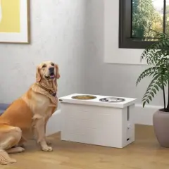 PawHut Elevated Dog Bowls, Pet Feeding Station with Slow Feeder Mat, Storage Cabinet, 3 Stainless Steel Bowls for Large & Extra Large Dogs, White