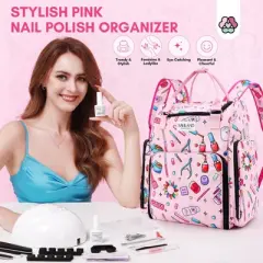 SAVILAND 33L Large Nail Polish Organizer Bag with Light - Holds 80 Bottles & Lamp, Portable Manicure Storage Case, Pink(1 Pack)