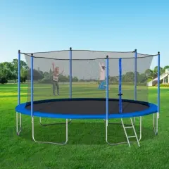 NAYSAYE Trampoline 14FT with Safety Net Heavy Duty Mat and Ladder for Kids and Adults Outdoor Fun, Blue, 166.10"*166.10"*100.30"
