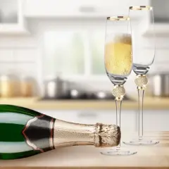 Berkware Crystal Champagne Flutes with Dazzling Rhinestone Design and Elegant Tone Rim -  9oz