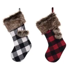 Transpac Fabric Check and Faux Fur Christmas Stocking Set of 2 Holiday Home Decorations Polyester