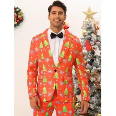 Lars Amadeus Men's Notch Lapel Christmas Costumes Printed Blazer