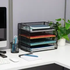 Mind Reader Stackable Paper Tray, Desktop Organizer, File Storage, Office, Metal Mesh, 14"L x 9.75"W x 11.25"H, 4pc., Black
