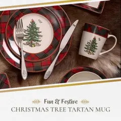 Spode Christmas Tree Tartan Mugs (Set of 4) - 14 Ounce Festive Holiday Coffee Cups - Porcelain Mugs with Tartan Border, Dishwasher & Microwave Safe