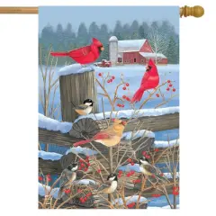 Briarwood Lane Birds of Winter Cardinals House Flag Snowy Fencepo