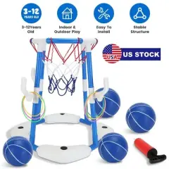 Summer Pool Basketball Hoop Toy Set With 4 Basketballs 4 Circles Pump Floating Swimming Pool Basketball Games Poolside Water Play Toy For 3-12Years