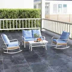 Outsunny 4 Piece Patio Furniture Set with Loveseat Sofa, Rocking Chairs, Coffee Table, Outdoor Conversation Set, Light Blue