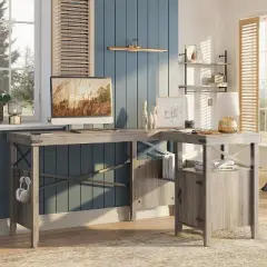 Bestier 60&rdquo; Farmhouse Desk  L Shaped Computer Desk, Home Office Desk with Cabinet
