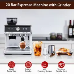 Espresso Machine with Grinder, Milk Frother Wand, 1450W, 20 Bar Professional Espresso Maker with Barista Kit