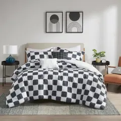 Intelligent Design Full/Queen Harlow Checkered Comforter Set Black/White: Hypoallergenic Teen Bedding, OEKO-TEX Certified
