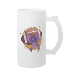 Elanze Designs Freezable Beer Stein Mug With Thumb Grip Handle, 16 Ounce Frosted Glass, Football With Purple Bow