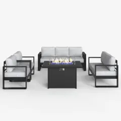LayinSun 5 Pieces Aluminum Outdoor Patio Furniture Set, Metal Modern Conversation Sofa Set with Fire Pit Table and Washable Thick Cushions
