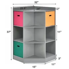 Costway 3-Tier Kid Storage Shelf Cubes w/3 Baskets Corner Cabinet Organizer Gray