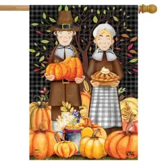Pilgrims Thanksgiving House Flag Pumpkins Pie 28" x 40" Briarwood Lane