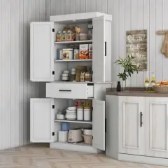 Yukimo Kitchen Tall Cabinet, 72" Freestanding Pantry Storage with Barn Doors, 5 Adjustable Shelves, White