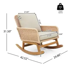FIONECA Modern 3-Piece Outdoor Seating Set with 2 Beige Cushioned PE Rattan Rocking Chairs & Wooden Accent Table for Patio/Balcony