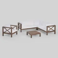 Brava 5pc Acacia Wood Sectional Sofa & Club Chair Set - Gray/White - Christopher Knight Home