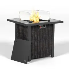 LOVSON 28" Propane Fire Pit Table,50,000 BTU Outdoor Gas Firepit with Rattan/Wicker Design, Tempered Glass Top & Wind Screen for Patio & Garden