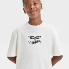 Boys' Hot Wheels Embroidered Front and Back Graphic Oversized Short Sleeve T-Shirt - Ivory