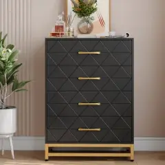 Dresser for Bedroom with 4 Drawer, Modern Dressers Chest of Drawers, with Wide Drawers and Metal Handles, Wood Dressers, Black