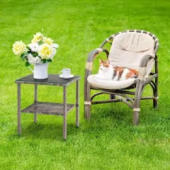 VINGLI Outdoor Wicker Side Table Patio Side Tables for Outside, Tempered Glass Top Wicker Table with Storage End Table for Patio Balcony Porch Deck