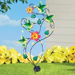 Collections Etc Hand-Painted Solar Powered Hummingbirds and Flowers Stake