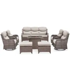 Buenhomino Patio Furniture Set with Fire Pit, Outdoor Wicker Furniture, 8 Pieces Deep Seat Rattan Conversation Sofa Sets with 6-inch Thicked Cushions