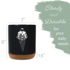 Elanze Designs 8 inch Ice Cream Waffle Cone Large Ceramic Kitchen Utensil Holder Black and White Crock with Cork Base