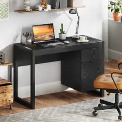Costway Computer Desk with Storage Cabinet Pull-out Drawer Stable Thick Legs for Bedroom White/Black