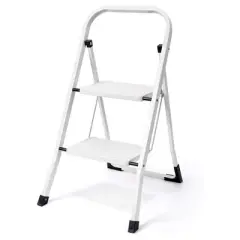 Delxo Portable Collapsible Lightweight Alloy Steel 2-Step Stool Stepladder with Wide Pedestal, Hand Grip and Locking Mechanism, White