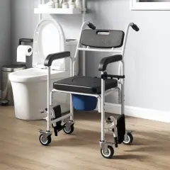 HOMCOM Shower Wheelchair, Commode Wheeled Chair with Seat, Backrest, Arms, Locking Wheels, for Seniors, Adults, Injured or Disabled, Black