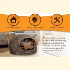 Huntley Pet Rattan Wicker Cat and Dog Shaped Play House Pet Bed with Cushion