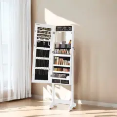 LEDREM Standing Mirror Jewelry Cabinet, Jewelry Armoire Box with Full-Length Frameless LED Lights and Storage