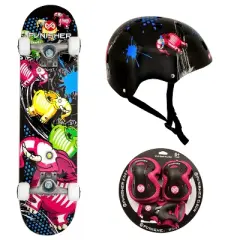 Punisher Elephantasm Skateboard, Helmet & Pad Set Bundle - Canadian Maple Skateboard, Durable Protective Gear