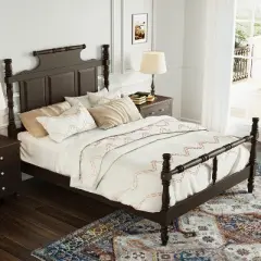 Vintage Country Style Queen/King Size Platform Bed with 56.9" High Crown-Like Headboard, Wood Four Poster Bed Frame - ModernLuxe