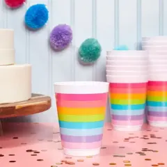 Sparkle and Bash 16 Pack Plastic Tumbler Cups for Kids, Rainbow Party Supplies (16 oz)