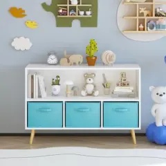 KWPZQEB Kids bookcase with 3 Collapsible Fabric Drawers, Children's Book Display Rack with Shelf Cubby, Toy Storage Organizer for Bedroom