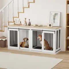 Dog Crate Furniture, for 2 Dogs, Heavy Duty Dog Kennel, for Large Breed with Removable Divider, Tray, Wooden Dog Crate