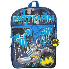 DC Batman Kids School Backpack 16" 5PC Lunch Kit, Keychain, Metal Carabiner, Batman keychain, and utility case
