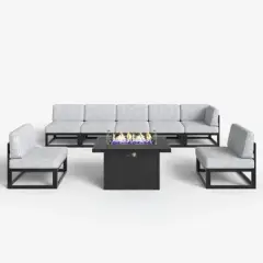 LayinSun 8-Piece Large Outdoor Modular L-Shaped Sectional Set with Propane Fire Pit Table